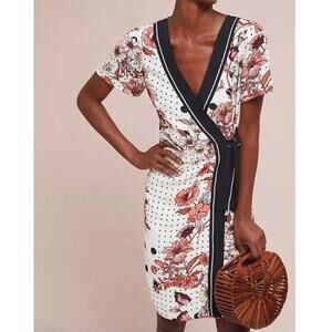 Maeve by Anthropologie Aubrey Wrap Dress Womens Size 14 White Floral Mini Casual